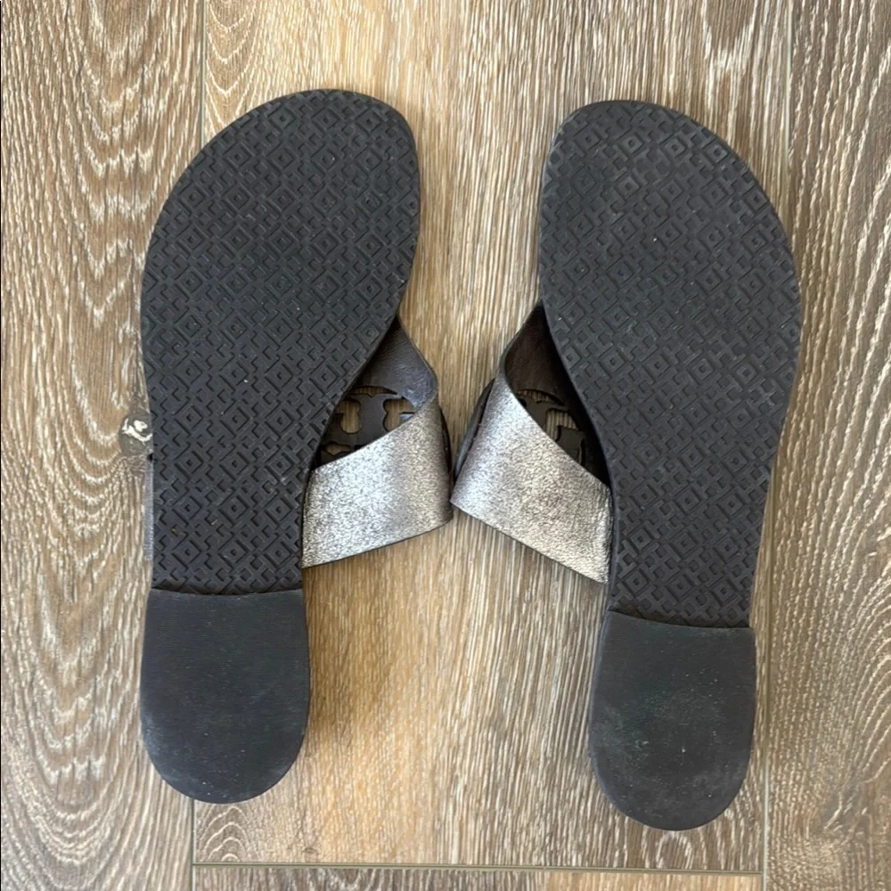 Tory Burch Silver Metallic Logo Thong Sandals